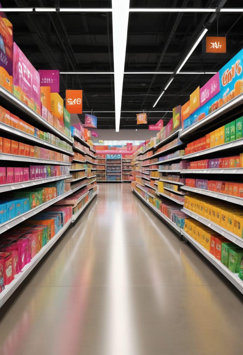 A visually engaging scene depicting a digital marketplace with virtual aisles filled with colorful signs showcasing various promotions and deals. Create a shopper character maneuvering through the rows on a sleek, touchscreen interface, surrounded by vibrant products and interactive deals floating in the air. Include elements like shopping carts, price tags, and a sense of excitement in the atmosphere. digital art. vibrant colors. dynamic composition.