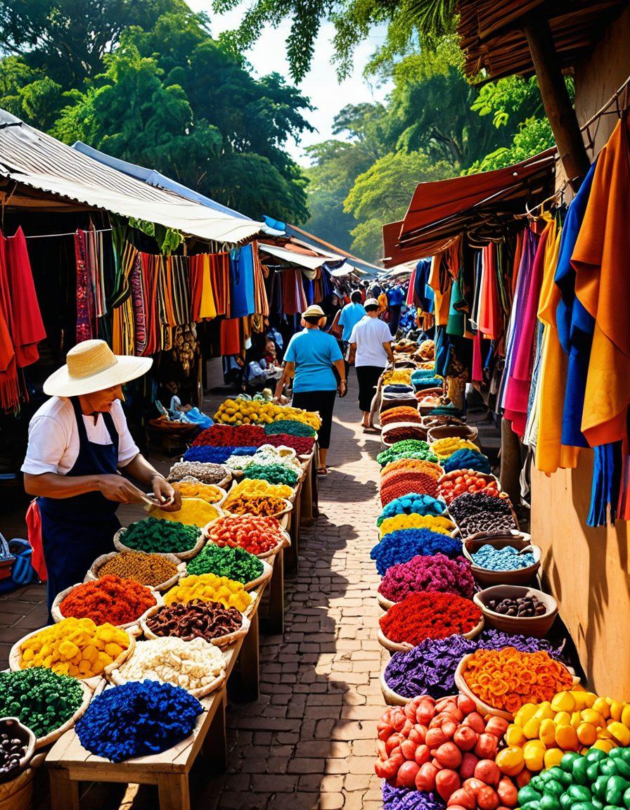 A lively street market scene in Paraguay, showcasing local artisans and vibrant stalls filled with unique merchandise like handcrafted textiles, colorful pottery, and traditional food items. Enthusiastic shoppers browse, engaging with friendly vendors, as the sun casts a warm glow over the lively atmosphere. Include details of lush greenery in the background, symbolizing the rich culture. vibrant colors. super-realistic.