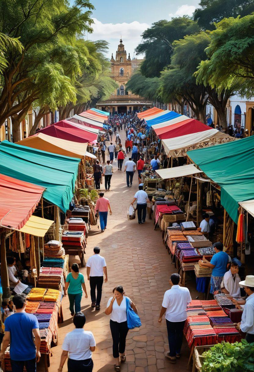 A vibrant marketplace scene depicting a fusion of traditional Paraguayan culture and modern e-commerce elements. Include bustling shoppers, colorful stalls showcasing local crafts alongside digital interfaces on screens. Incorporate lush greenery in the background with hints of iconic Paraguayan architecture. Highlight smart shopping tools like mobile apps and price comparison. super-realistic. vibrant colors.